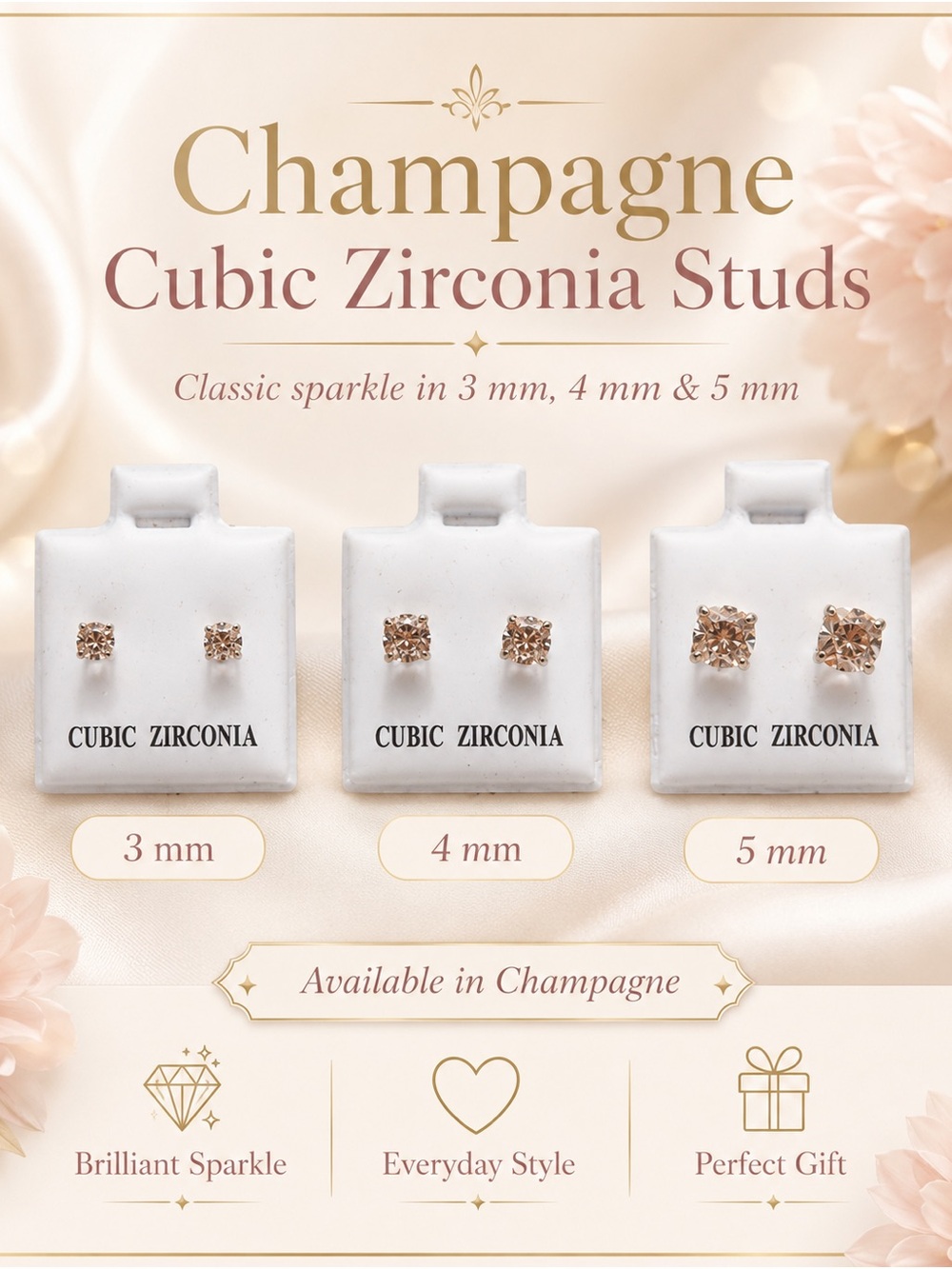 🩷. Champagne Cubic Zirconia Stud Earrings by